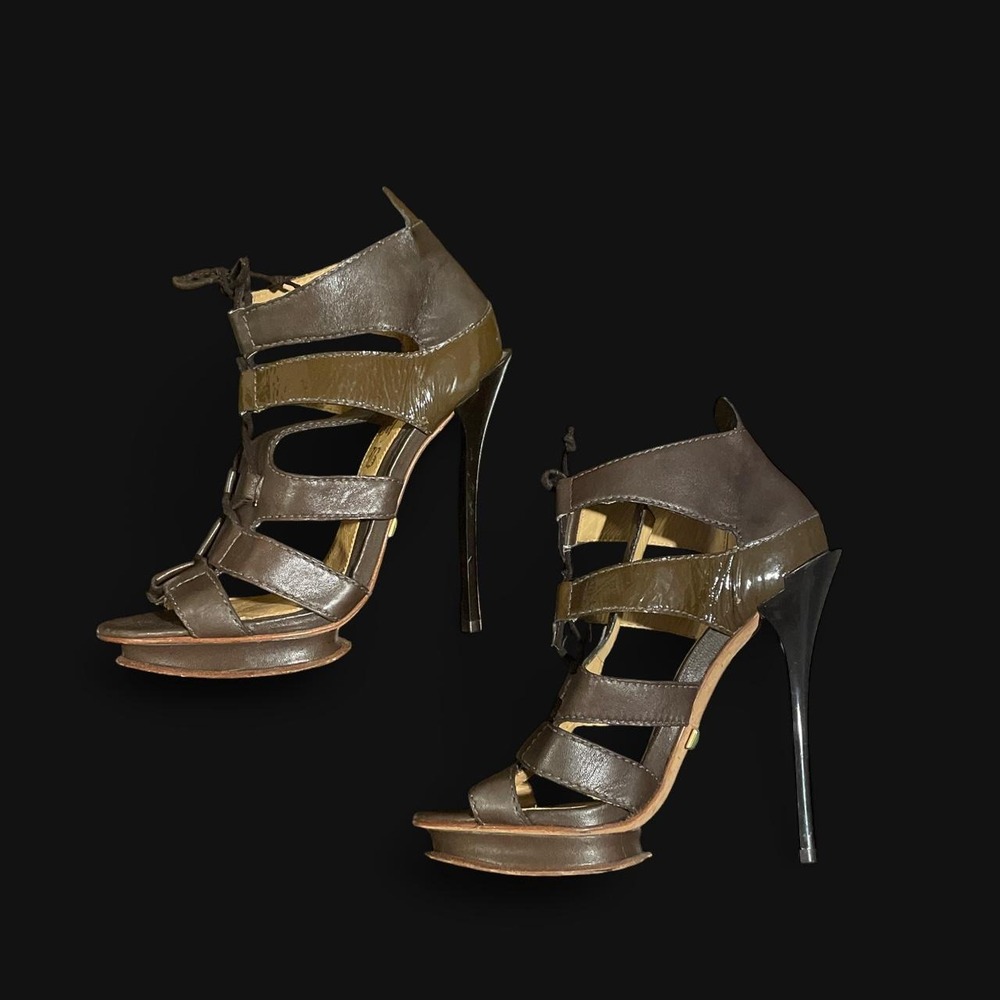 L.A.M.B by Gwen Stefani Two Tone Brown leather platform gladiator sandal heels